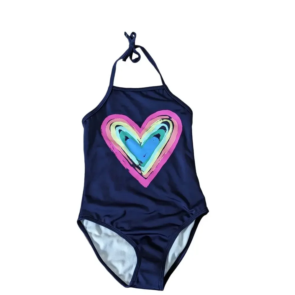 New Gymboree Girls One Piece Navy Blue Rainbow Heart Halter Swimsuit Size S 5-6